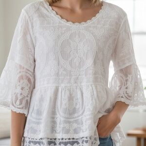[[Democracy]] White Lace Peplum Blouse